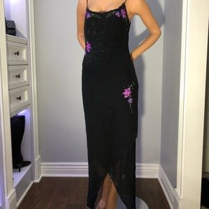 Black silk embroidered and beaded gown size 6